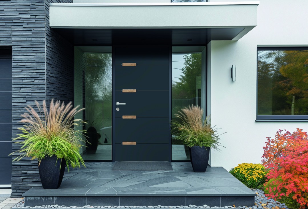 Porte d’entrée design intégrée à une architecture épurée